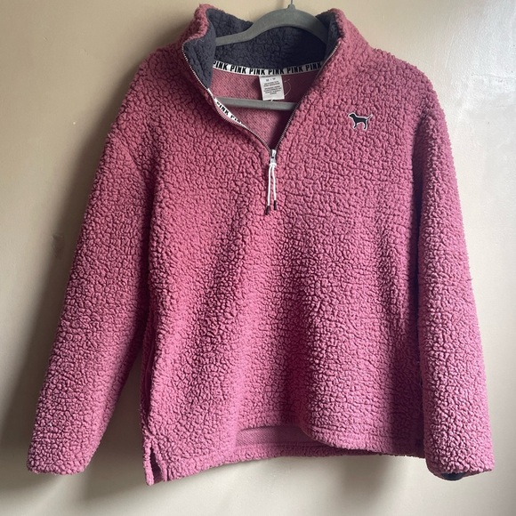 VS PINK fuzzy Sherpa pink 1/4 zip jacket size XS oversized - Picture 1 of 6